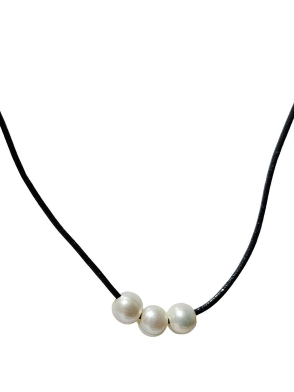 Vintage Three Faux Pearls Necklace Black Leather Cord Minimalist Classic Jewelry